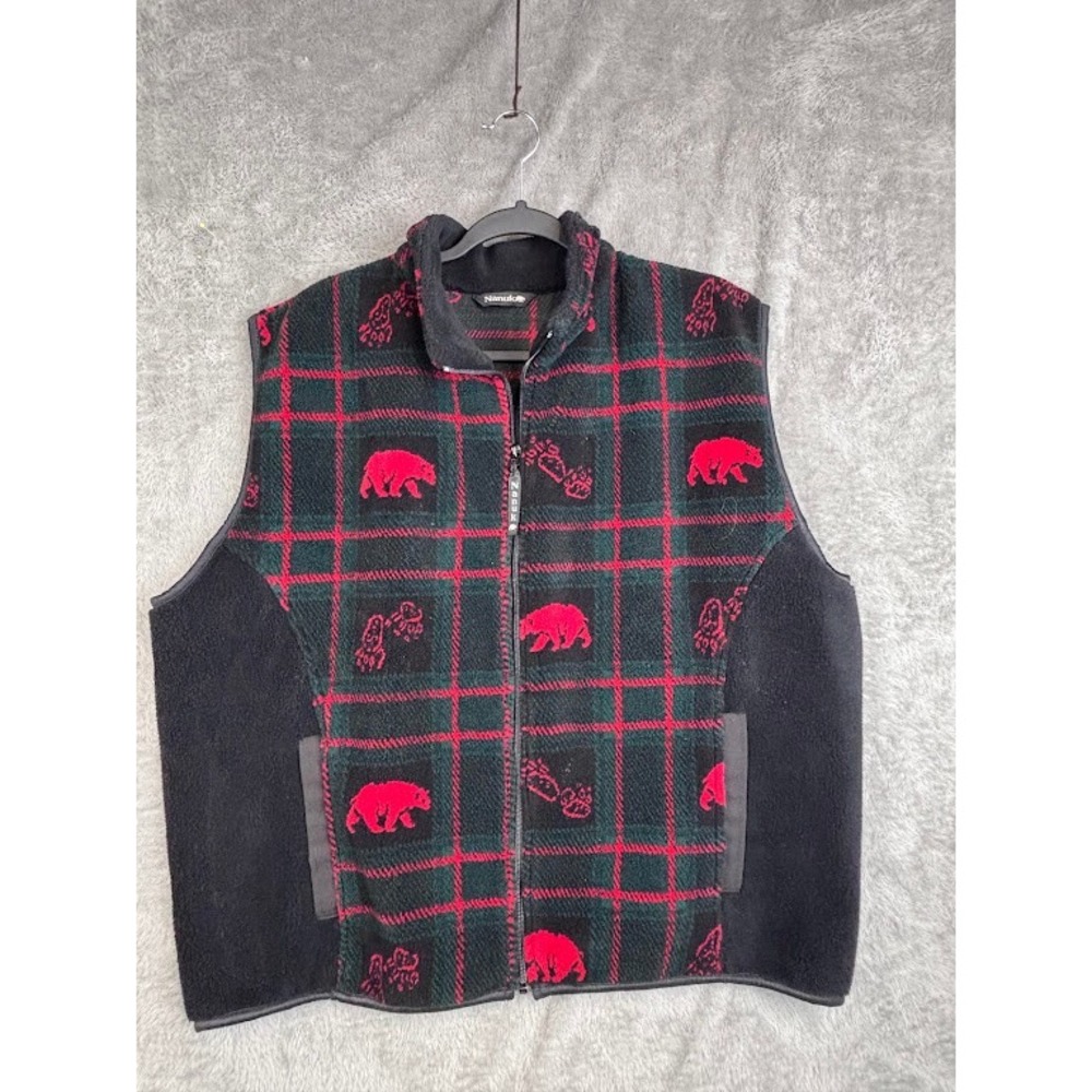 Nanuk Fleece Vest Red Bear Plaid‎ Checkered Sleeveless Jacket Unisex Mens  XXL